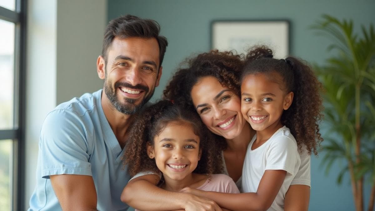 Família brasileira feliz representando cuidados de saúde acessíveis