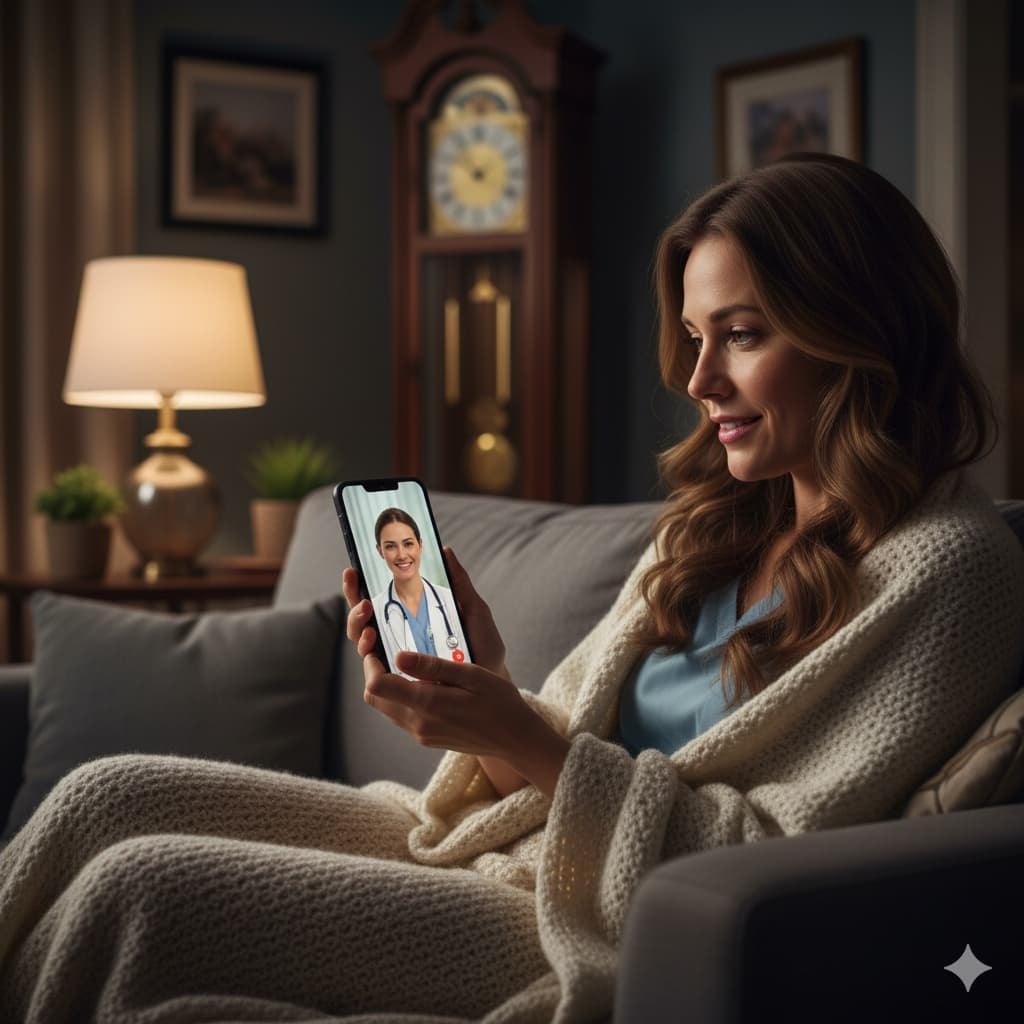 Mulher usando telemedicina confortavelmente em casa à noite