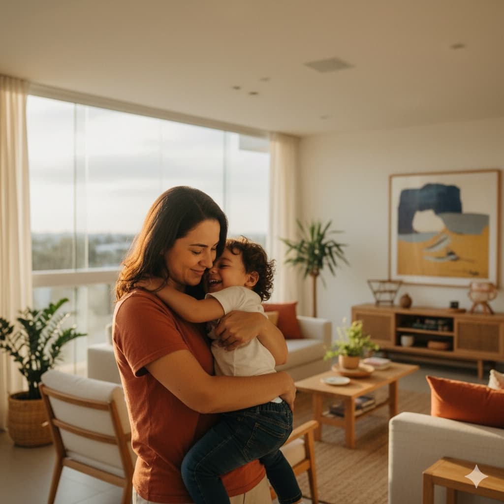 Mãe abraçando criança com carinho em casa