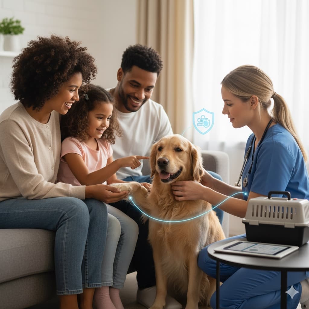 Família com cachorro recebendo atendimento veterinário em casa