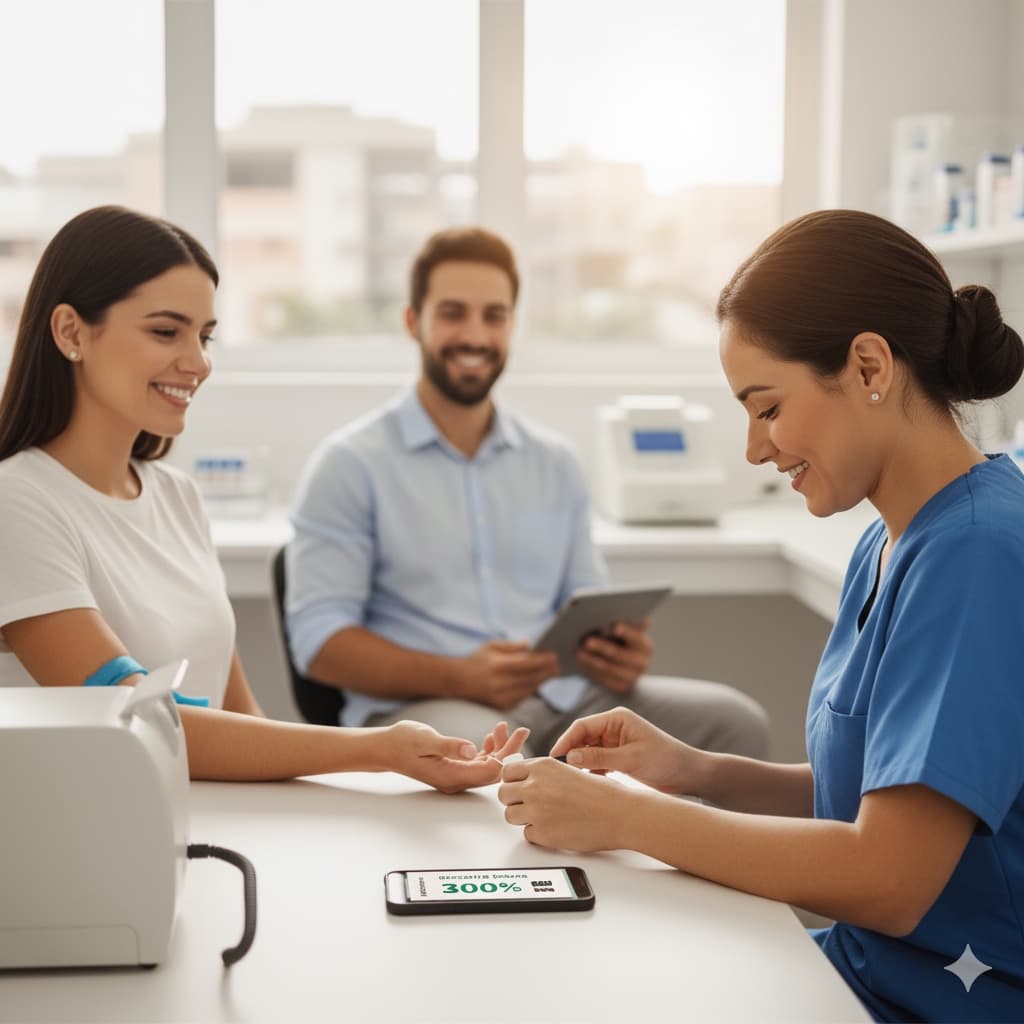 Profissional de saúde realizando exames laboratoriais com desconto